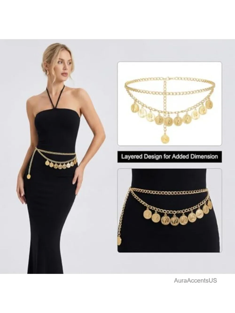 Adjustable Gold Coin Chain Belt with Lobster Clasp